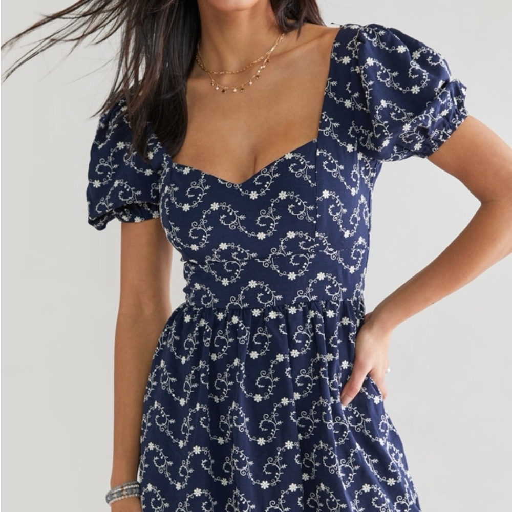 Francesca's Collection Gena Tie Back Embroidered Navy Puff Sleeve Mini Dress - Picture 2 of 16